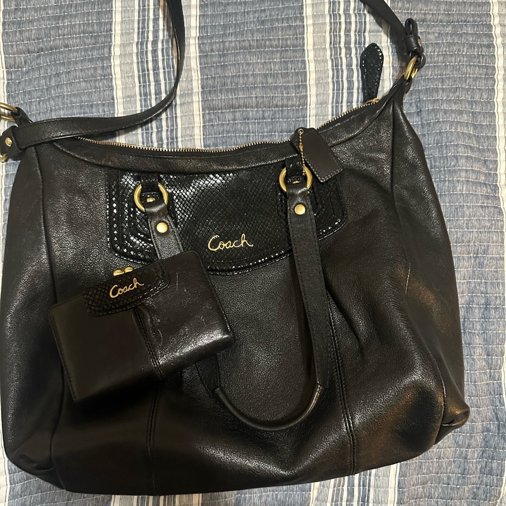 Coach Black Leather Shoulder Bag with Gold Accents